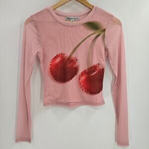 Madden Girl Women Y2K Rave Festival Sheer Mesh Cherry Rhinestone Graphic Top XS